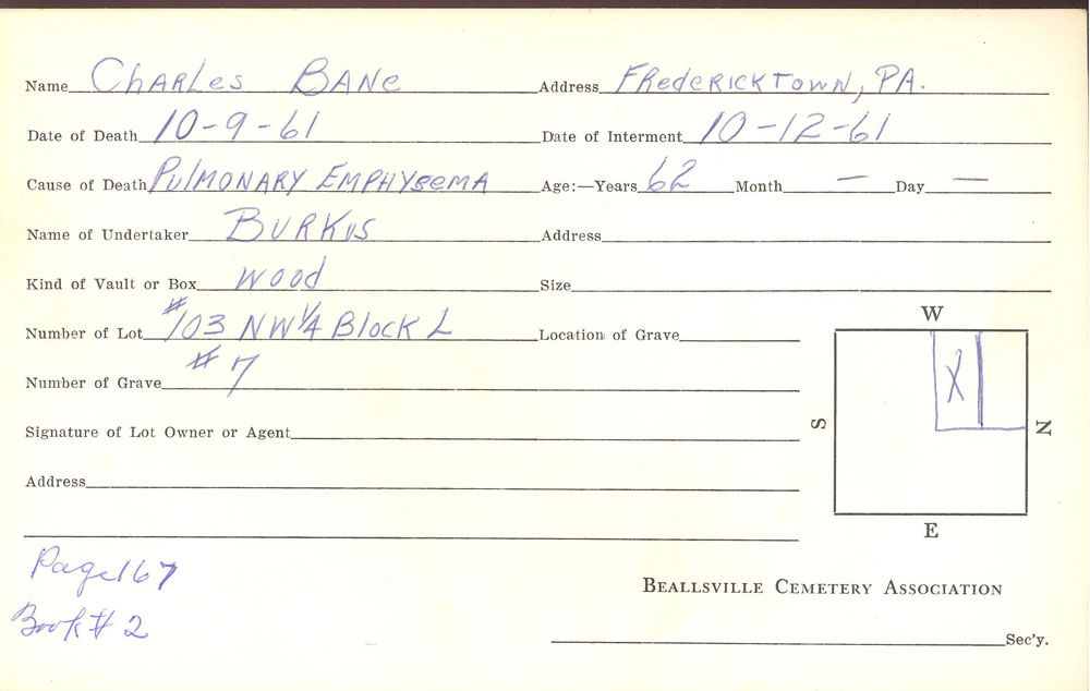 Charles Bane burial card